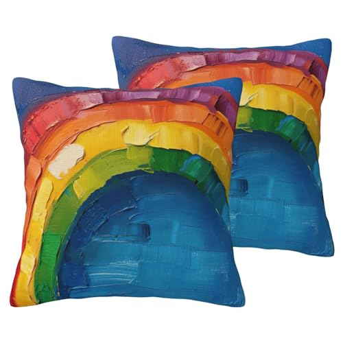 JEJEA Kleiner Regenbogen-Druck, Leinenimitat, 2 Sets, dekorative Kissenbezüge für Wohnzimmer, Bett, Sofa von JEJEA