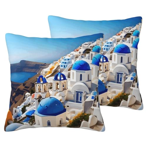 JEJEA Santorini Kissenbezug mit griechischem Insel- und Meerblick-Druck, Leinenimitat, 2 Sets, dekorative Wurfkissenbezüge für Wohnzimmer, Bett, Sofa von JEJEA