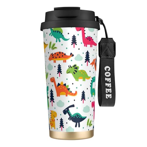 JEJEA Thermobecher aus Edelstahl, mit buntem Dinosaurier-Druck, doppelwandige Kaffeetassen, Kaffee-Reisebecher für Zuhause und Büro von JEJEA