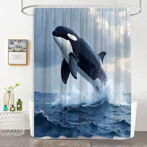JEJOMEAG Duschvorhang mit springendem Killerwal, Meerestiere, Orca, Ozean, nautischer Stoff, Badezimmer-Dekor-Vorhang mit Haken, 70 x 70 cm (B x H) von JEJOMEAG