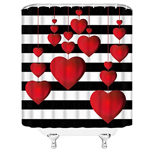 JEJUJT Valentinstag Duschvorhang Romantisch Rot Herz Schwarz Weiß Gestreifte Liebe Hochzeit Festival Dekor Stoff Badezimmer Vorhang mit Haken von JEJUJT
