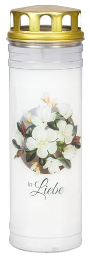 JEKA Grabkerze 'In Liebe' - Magnolie Motiv mit Deckel, Dauerbrenner, Unparfümiert von JEKA