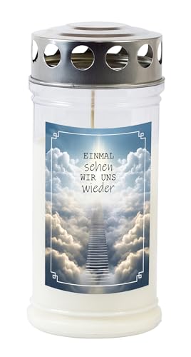 Grabkerze - Gedenkkerze Motiv "Einmal sehen wir uns wieder" 70-90 Std. Brenndauer Trauerkerze - Langlebig, 100% Pflanzenöl, Weiß mit Silberdeckel TLB Grabkerze - Gedenkkerze Motiv "Einmal sehen wir uns wieder" 70-90 Std. Brenndauer Trauerkerze - Langlebig, 100% Pflanzenöl, Weiß mit Silberdeckel TLB von JEKA