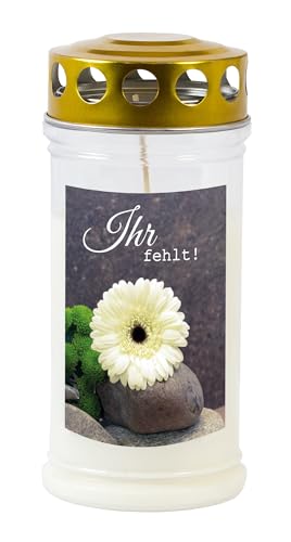 Grabkerze - Gedenkkerze Motiv "Ihr fehlt" 70-90 Std. Brenndauer Trauerkerze - Langlebig, 100% Pflanzenöl, Weiß mit Golddeckel TLB von JEKA