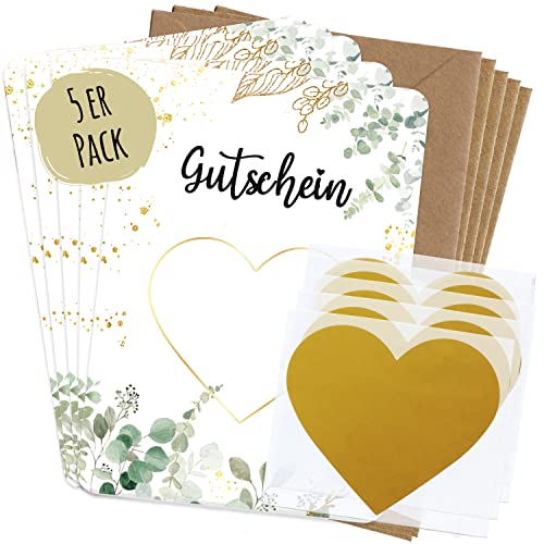 JEKA 5 Rubbellose selbst machen, Rubbelkarte zum selbst beschriften – Gutschein selbst machen mit Rubbelherz Gold, Geschenk Gutschein mit 5 Umschlägen, Gutschein Karte von JEKA