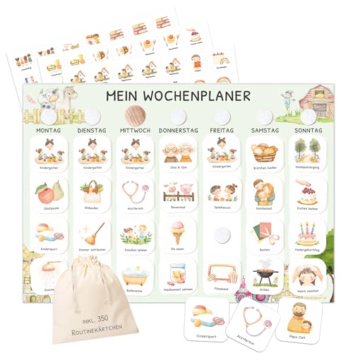 JEKA Wochenplaner Kinder mit Klettpunkten A4-Format, Montessori Tagesplan mit 350 Routinekarten – visueller Routineplaner für Kinder, Familienplaner für mehr Struktur im Alltag (Bauernhof) von JEKA