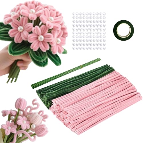 220 Stück Pfeifenputzer zum Basteln, 2 Farben Pfeifenreiniger Blumen, mit Blumendraht,Perlen für Blumenstrauß DIY Basteln,Bunt Plüschdraht DIY Craft Projekte Tulpe(Rosa,Grün) von JEKRWNOY