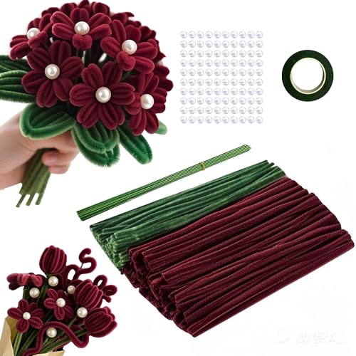 220 Stück Pfeifenreiniger zum Basteln, 2 Farben Pfeifenreiniger Blumen, mit Blumendraht,Perlen für Blumenstrauß DIY Basteln,Bunt Plüschdraht DIY Craft Projekte Rosensträuße(Grün,Rot) ﻿ von JEKRWNOY