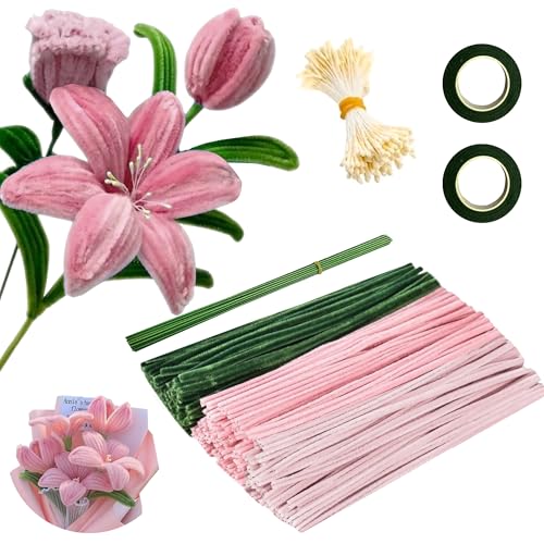 320 Stück Pfeifenreiniger Blumen set, 3 Farben Pfeifenreiniger Blumen mit 20 Grün Basteldraht,Klebeband,Ein Bündel Staubgefäße,DIY Bastelprojekte und Dekorationen Tulpe(Rosa,Grün,Hellrosa) ﻿ von JEKRWNOY