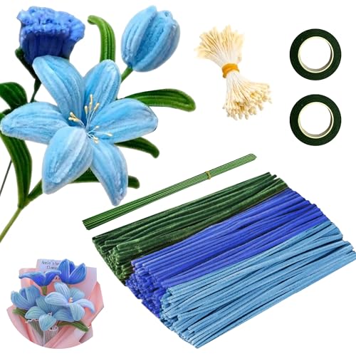 320 Stück Pipe Cleaner Flower Set, 3 Farben Pfeifenreiniger Blumen mit 20 Grün Basteldraht,Klebeband,Ein Bündel Staubgefäße,DIY Bastelprojekte und Dekorationen(Hellblau,Grün,Blau) von JEKRWNOY