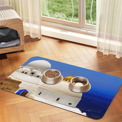 Santorini Tischdecke aus Leder, Motiv: griechische Insel, Meerblick, saugfähig, perfekt für Hunde, Katzen und andere Haustiere von JEKYDOSD
