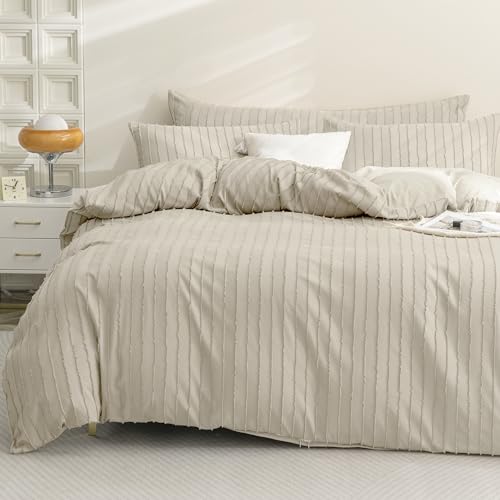 JELLYMONI Bettwäsche 135x200 Gestreift Beige 4-Teilig Bettwäsche-Sets Polyester-Mikrofaser Grün Oeko-Tex 2er Bettbezüge mit Reißverschluss und 2er Kissenbezüge 80X80 mit Umschlag Weiche Bettwäsche von JELLYMONI