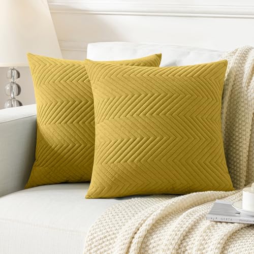 JELLYMONI Kissenbezüge 45×45cm 2er Set Gelb Kissenhülle Gestreift Polyester Zierkissenbezüge mit Reißverschluss Dekokissen Sofakissenbezug Wurfkissenbezug Deko für Sofa Wohnzimmer (KEIN Einsatz) von JELLYMONI