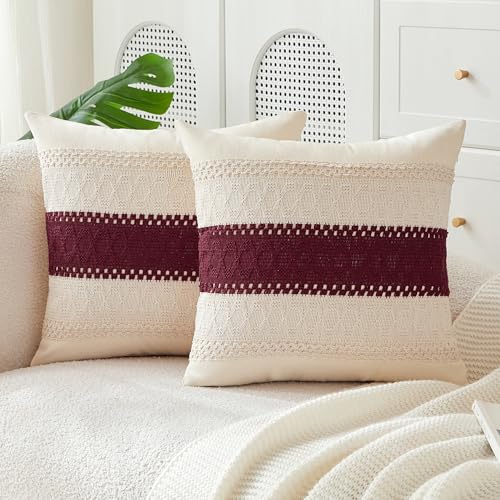JELLYMONI Kissenbezüge Boho 40x40cm 2er Set Weinrot Kissenhülle Gestreift Polyester Zierkissenbezüge mit Reißverschluss Dekokissen Sofakissenbezug Wurfkissenbezug für Sofa Wohnzimmer (KEIN Einsatz) von JELLYMONI