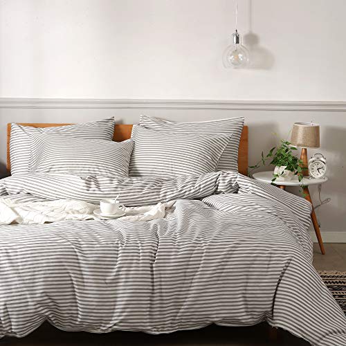 JELLYMONI Bettbezug-Sets aus natürlicher Baumwolle, weißer Bettbezug mit grauen Streifen, Bettwäsche aus 100% Baumwolle, mit Reißverschluss (3-in-1, Queen-Size-Größe) von JELLYMONI