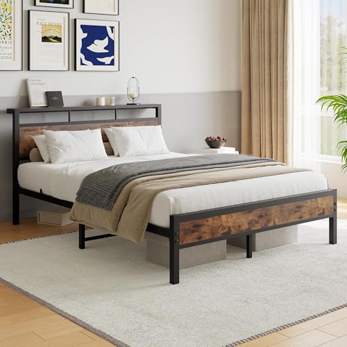 JELUTE King Bed Frame with Wooden Storage Shelf Headboard, Metal Platform Bed Frame, No Boxspring Needed, Noise Free, Reinforced Strong Support Leg, Black von JELUTE