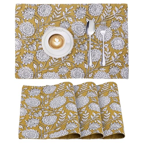 JEMIDI 4er Set Tischset mit Blumenmuster - 4 Tischsets aus Baumwolle - 4X Boho Platzdeckchen Platzset aus Stoff Floral Design - Tisch Sets Platzsets Placemats - Gelb von JEMIDI