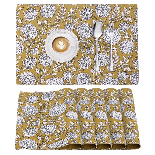 JEMIDI 6er Set Tischset mit Blumenmuster - 6 Tischsets aus Baumwolle - 6X Boho Platzdeckchen Platzset aus Stoff Floral Design - Tisch Sets Platzsets Placemats - Gelb JEMIDI 6er Set Tischset mit Blumenmuster - 6 Tischsets aus Baumwolle - 6X Boho Platzdeckchen Platzset aus Stoff Floral Design - Tisch Sets Platzsets Placemats - Gelb von JEMIDI