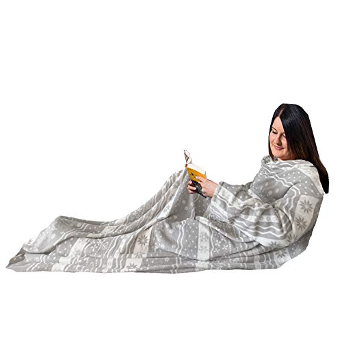 HOMELEVEL Kuscheldecke aus Microfaser mit Ärmeln Ärmeldecke Sofadecke 200cm x 150cm TV Decke Decke mit Armen Grau Norweger Design Wohndecke Decken (Hellgrau Norweger Design) von HOMELEVEL