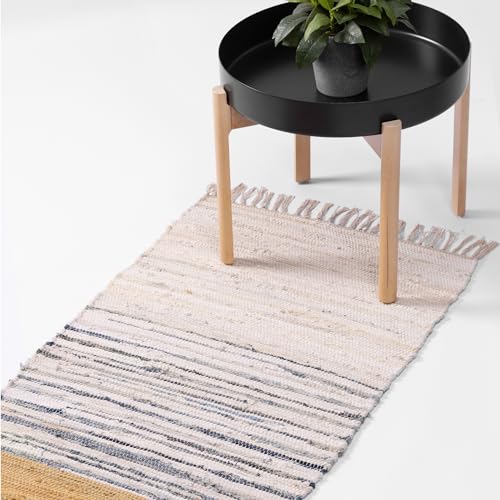 JEMIDI Teppichläufer - Baumwollteppich - Läufer Flur - Teppich waschbar - Waschbare Teppiche - Teppichläufer Flur - Teppich bunt - Bettvorleger - 60 x 130 cm - Beige und weiß von JEMIDI
