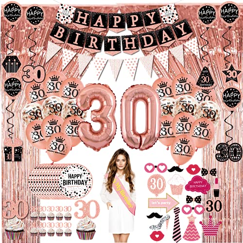 30 geburtstag deko frauen geschenk - (76pack) Roségold party Banner, Wimpel, Spiral Girlanden, ballons, Lametta Vorhänge, Cupcake Topper, Pappteller, Foto Requisiten, Geburtstag Schärpe von JENLION