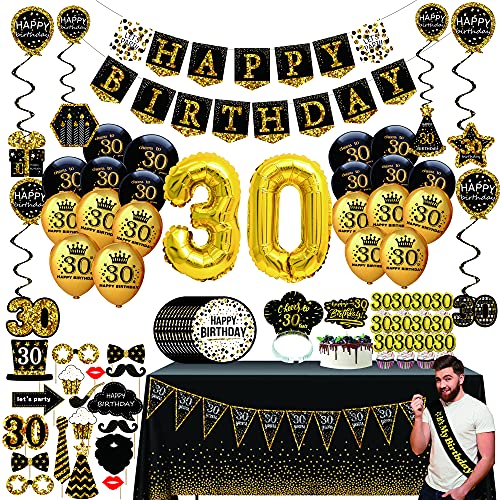 30 geburtstag deko frauen männer - (76pack) schwarzes Gold party Banner, Wimpel, Spiral Girlanden, ballons, Tischdecken, Cupcake Topper, Krone, Pappteller, Foto Requisiten, Geburtstag Schärpe von JENLION