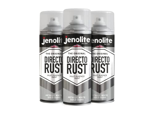 JENOLITE Directorust Metallic-Glanz-Sprühfarbe, Weißgold, 3 x 400 ml, Weißgold-Sprühfarbe für verschiedene Oberflächen, für Metall, Holz, Kunststoff, All-in-One-Primer, Grundierung und Decklack, innen von JENOLITE