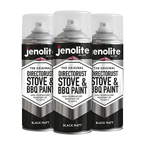 JENOLITE Directorust Grill & Ofen Sprühfarbe - Schwarz Matt | 3x400ml I Hitzebeständiger Lack I Hochtemperatur Lack bis 650°C I Grill Spray, Ofenlack, Kaminlack, Grillkamin Farbe, Auspufflack & mehr von JENOLITE