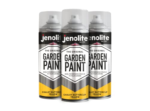 JENOLITE Gartenmöbel-Sprühfarbe | KREIDIGES BUTTERCUP-GELB | Ideal für Gartenmöbel und Ornamente | Anwendung auf Holz, Metall, Kunststoff, Stein, Keramik | 3 x 400ml | RAL 1019 von JENOLITE