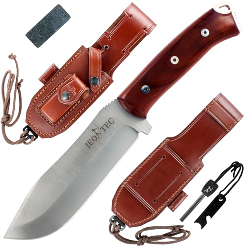 JEO-TEC Nº45 Full Tang Outdoor Camping Survival Bushcraft Jagdmesser Überlebensmesser Messer mit Holzgriff - Stahl MOVA - Lederscheide Feuerstahl Messerschärfer - Single Edge von JEO-TEC