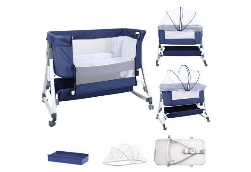 JEOBEST Beistellbett 3 in 1 Babybett, Schaukelmodus, mit atmungsaktivem Netz und Laken, mit Rollen Kinderbett, 6-Fach Höhenverstellung, Moskitonetz, Lagerung von JEOBEST