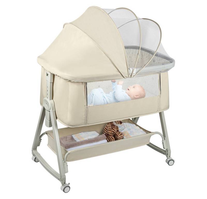 JEOBEST Beistellbett 3 in1 Babybetten mit Rollen, Beistellbett Baby mit Moskitonetz, (6 Fach Höhenverstellung und Neigungsverstellung)mit Aufbewahrungskorb von JEOBEST
