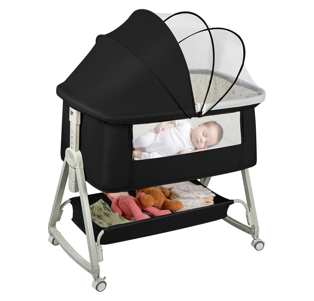 JEOBEST Beistellbett 3 in1 Babybetten mit Rollen, Beistellbett Baby mit Moskitonetz, (6 Fach Höhenverstellung und Neigungsverstellung)mit Aufbewahrungskorb von JEOBEST