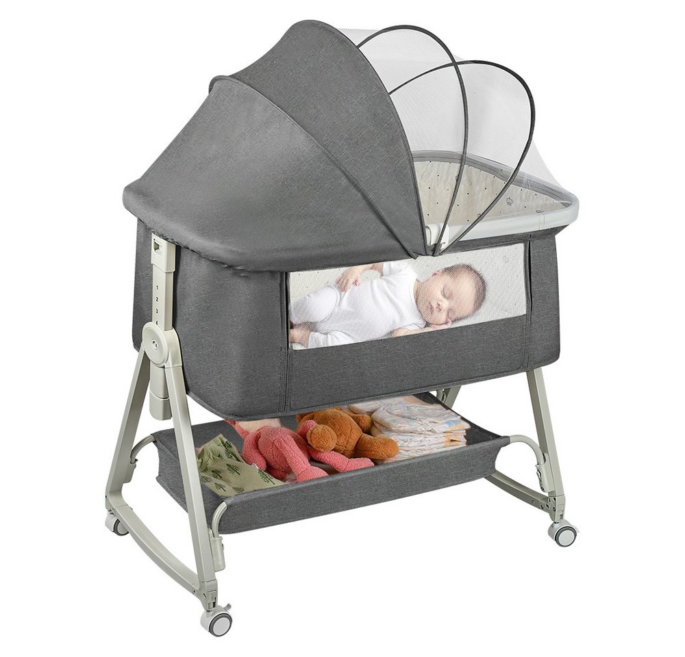 JEOBEST Beistellbett 3 in1 Babybetten mit Rollen, Beistellbett Baby mit Moskitonetz, (6 Fach Höhenverstellung und Neigungsverstellung)mit Aufbewahrungskorb von JEOBEST