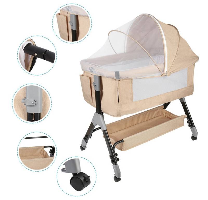 JEOBEST Beistellbett Baby, Grab-and-go Baby Bett mit Matratze & Rädern für Neugeborene, Tragbare Babybett mit 4 verstellbaren Höhen & Matratze von JEOBEST
