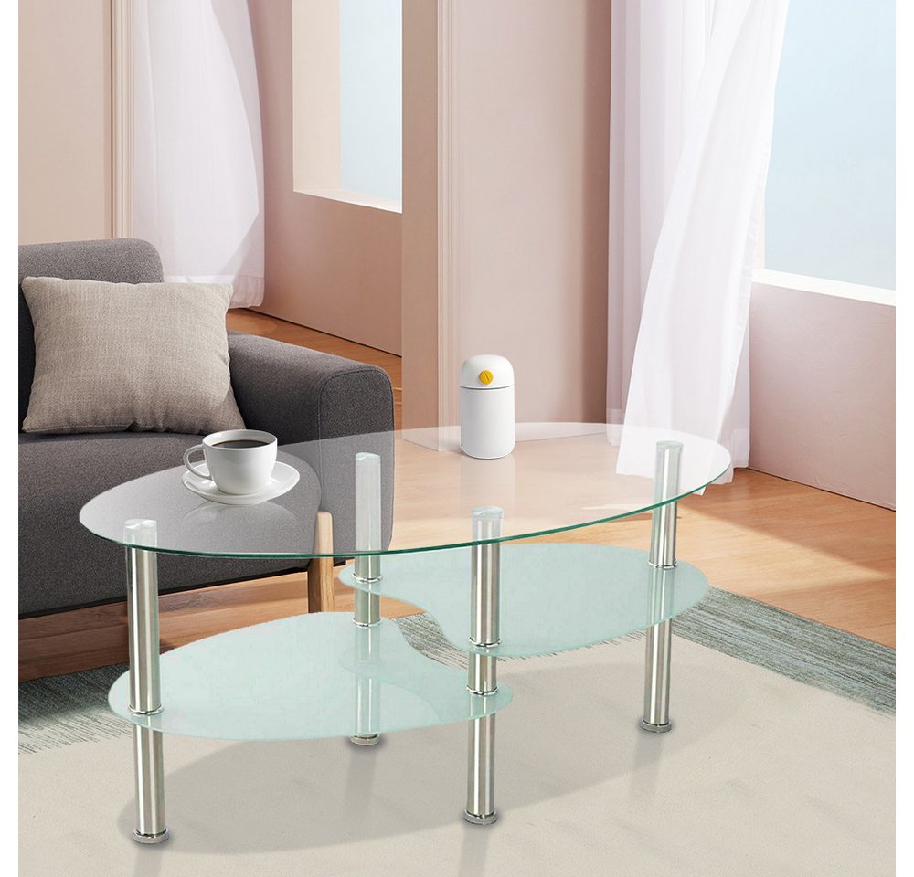 JEOBEST Couchtisch Couchtischen Beistelltisch für Wohnzimmer, Glastisch, Transparent, 2 Ebenen, oval, Modern Design, Rahmen aus Edelstahl von JEOBEST