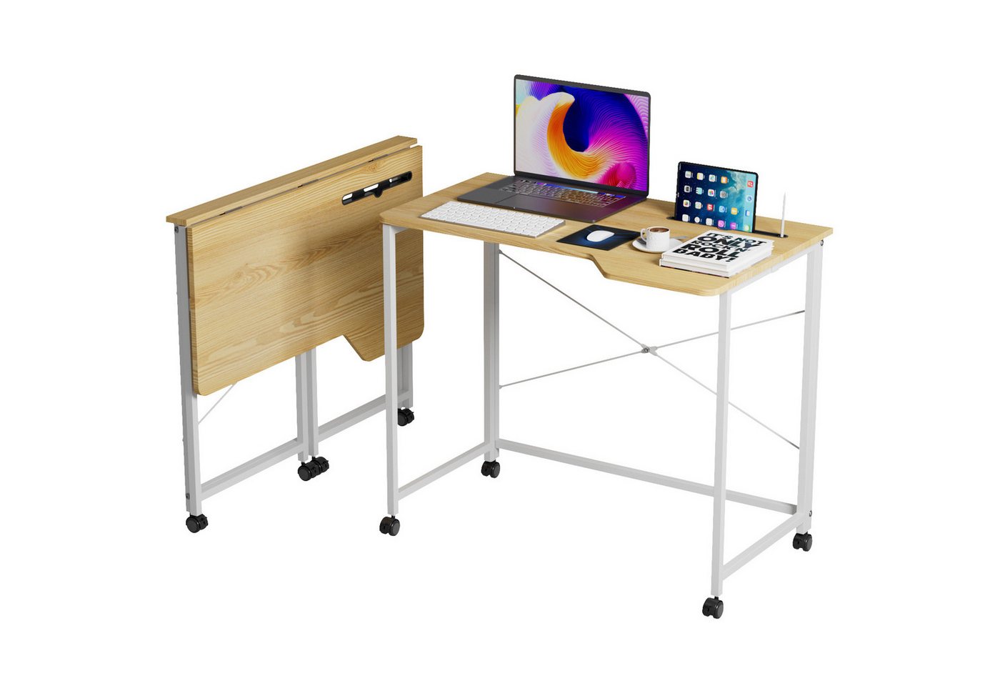 JEOBEST Klapptisch Schreibtisch, Computertisch mit Rollen, (1-St., 90x56cm) Platzsparend,mit Tablet Steckplatz von JEOBEST