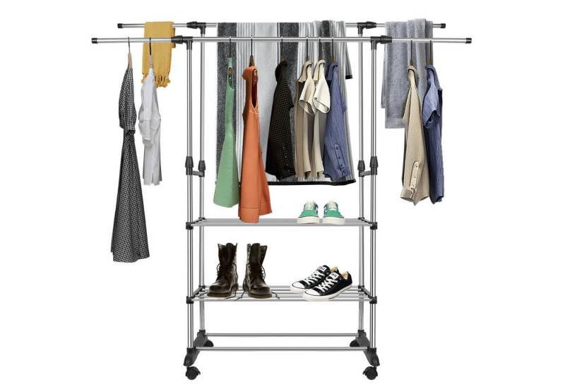 JEOBEST Kleiderständer Garderobenständer Doppelte Kleiderstange mit 3 Lagen Staufächer, Clothes rail coat rack mit Rollen, Höhenverstellbar und ausziehbar JEOBEST Kleiderständer Garderobenständer Doppelte Kleiderstange mit 3 Lagen Staufächer, Clothes rail coat rack mit Rollen, Höhenverstellbar und ausziehbar von JEOBEST