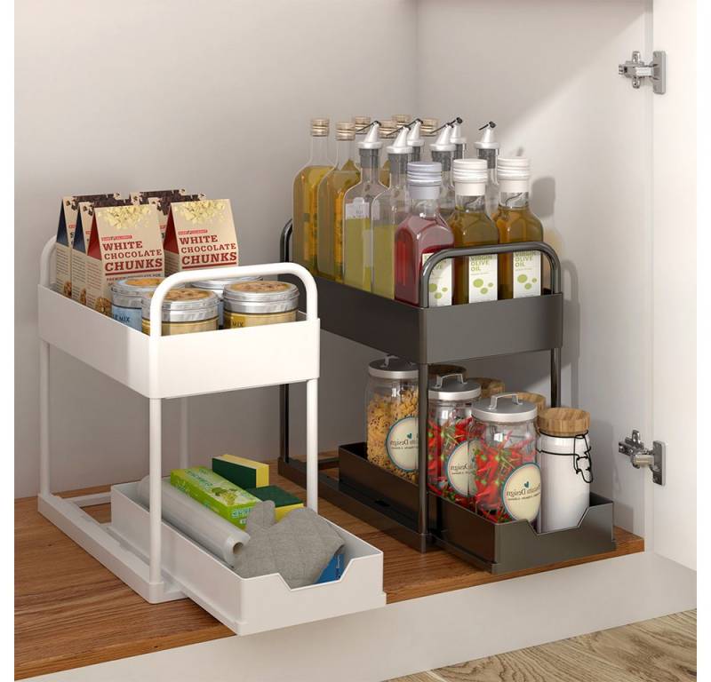 JEOBEST Küchenregal Küchen Organizer, Spülschrank Organizer, Küchen Gewürzregal, 2 Etagen Unter Waschbecken Regal mit 4 Haken &2 Tassen JEOBEST Küchenregal Küchen Organizer, Spülschrank Organizer, Küchen Gewürzregal, 2 Etagen Unter Waschbecken Regal mit 4 Haken &2 Tassen von JEOBEST