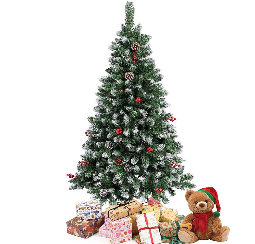 JEOBEST Künstlicher Weihnachtsbaum Künstlicher Tannenbaum mit Schnee-Effekt, für Weihnachtsdeko, Größe Auswählbar, mit Roten Beeren & Tannenzapfen inkl. Metallständer von JEOBEST