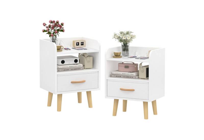 JEOBEST Nachttisch Nachtschrank mit 1 Schublade und 2 Offenem Fach, Massivholzfüßen, 2er Set, Skandinavischer Stil Weiß Nachtkästchen 40x30x61cm von JEOBEST