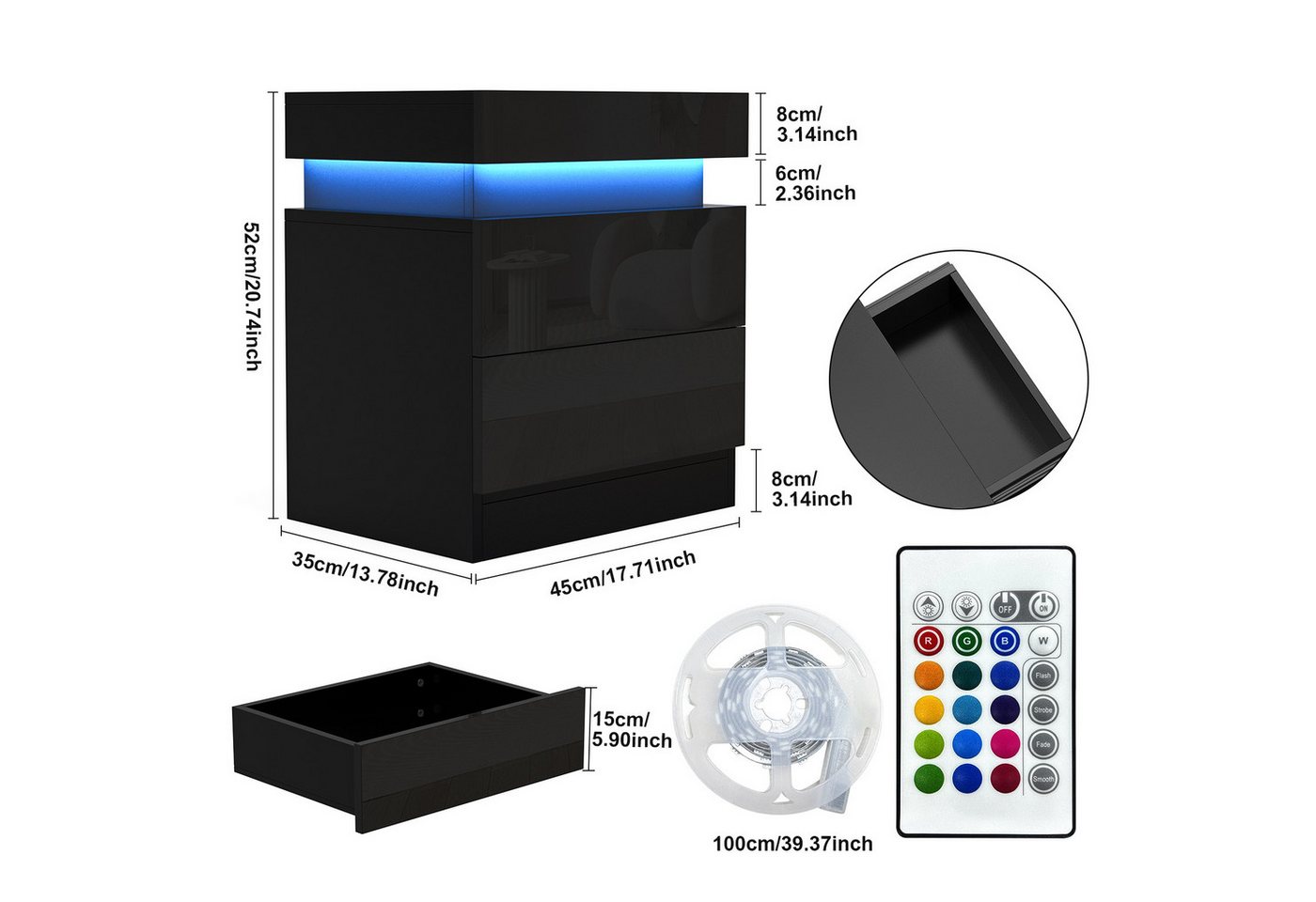 JEOBEST Nachttisch Nachtschrank mit 2 Schubladen, Nachtschrank mit Led Licht, für Wohnzimmer, Schlafzimmer JEOBEST Nachttisch Nachtschrank mit 2 Schubladen, Nachtschrank mit Led Licht, für Wohnzimmer, Schlafzimmer von JEOBEST
