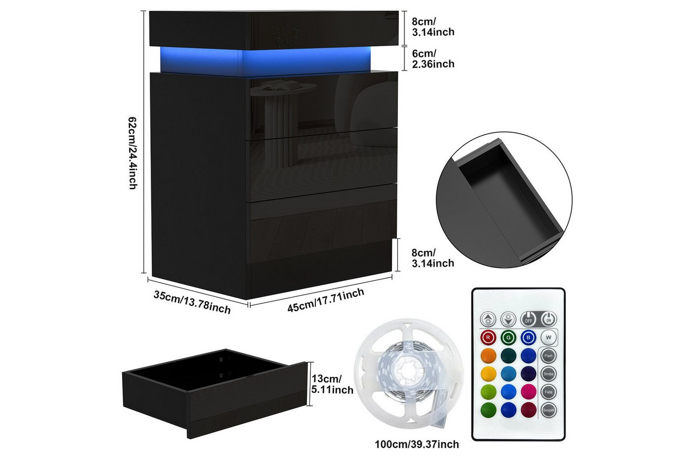 JEOBEST Nachttisch Nachtschrank mit 3 Schubladen, Beistelltisch mit Led Licht, für Wohnzimmer, Schlafzimmer JEOBEST Nachttisch Nachtschrank mit 3 Schubladen, Beistelltisch mit Led Licht, für Wohnzimmer, Schlafzimmer von JEOBEST