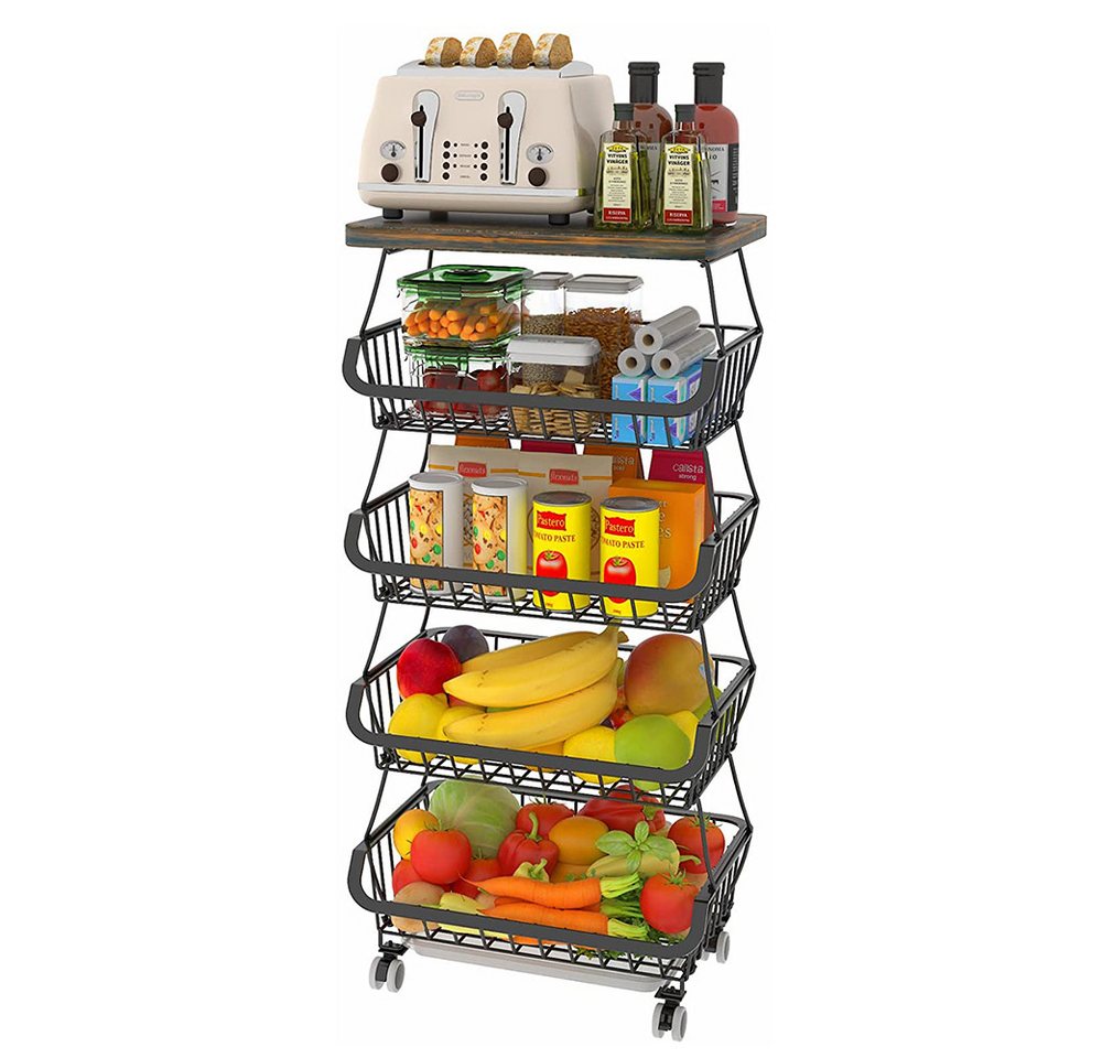 JEOBEST Obstschale Küchenwagen,Gemüseregal, 4-Stufiger Stapelbarer Obstkorb, Gemüsekorb aus Metall, Holzplatte, Stapelbarer von JEOBEST