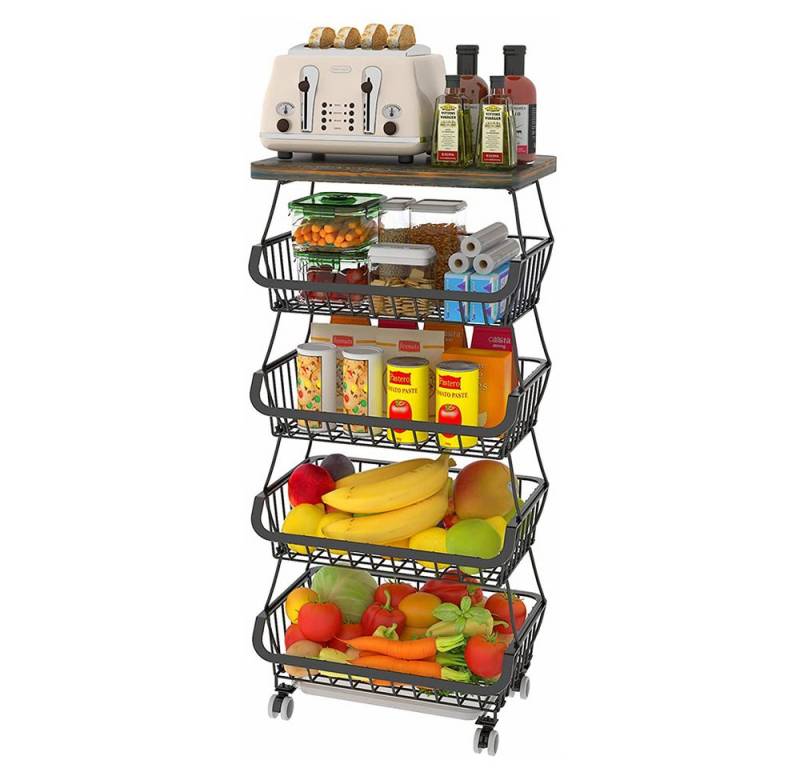 JEOBEST Obstschale Küchenwagen,Gemüseregal, 4-Stufiger Stapelbarer Obstkorb, Gemüsekorb aus Metall, Holzplatte, Stapelbarer von JEOBEST
