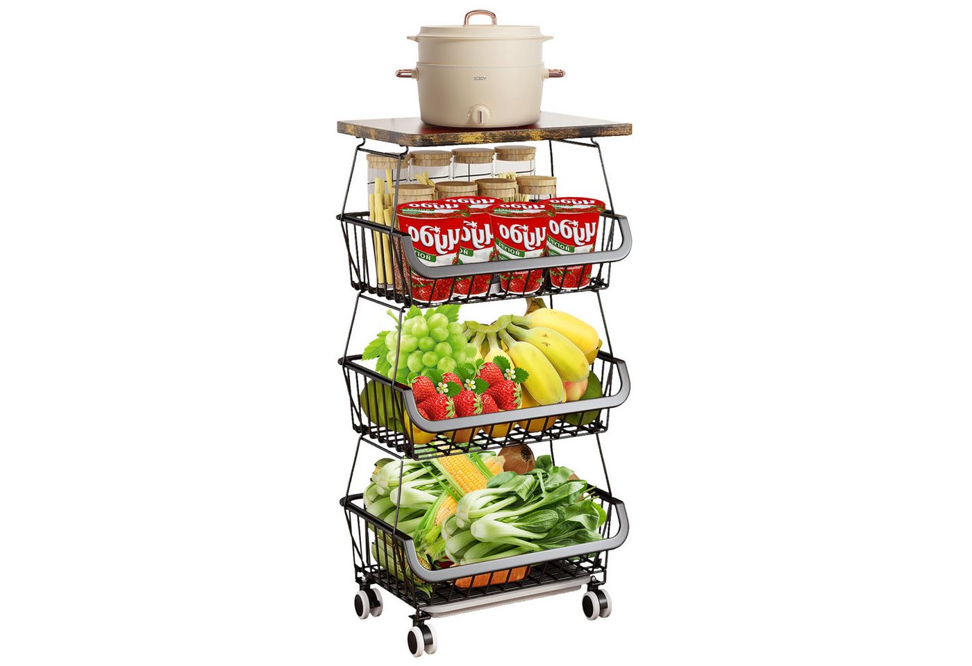 JEOBEST Rollwagen Obst-Gemüse-Aufbewahrungskorb für Küche mit Rädern, Metalldrahtkorb, 4 Etagen, Gemüseproduktbehälter, Holzoberseite und Rädern JEOBEST Rollwagen Obst-Gemüse-Aufbewahrungskorb für Küche mit Rädern, Metalldrahtkorb, 4 Etagen, Gemüseproduktbehälter, Holzoberseite und Rädern von JEOBEST