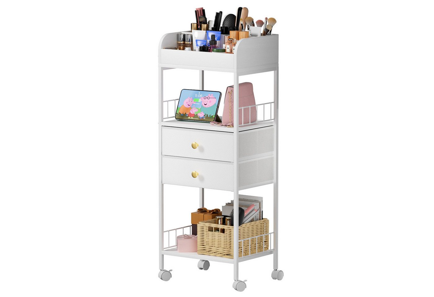 JEOBEST Schminktisch Makeup Organizer mit Rollen, mit 2 Stoff Schubladen und Ablagen, Metallrahmen von JEOBEST