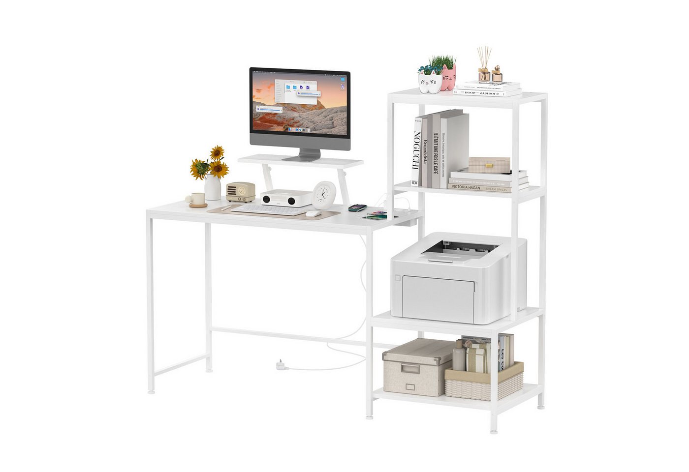 JEOBEST Schreibtisch Computertisch Tisch Bürotisch mit Monitorständer, (1 Tisch, L Form) mit 4Regalböden H125 x L149 cm von JEOBEST