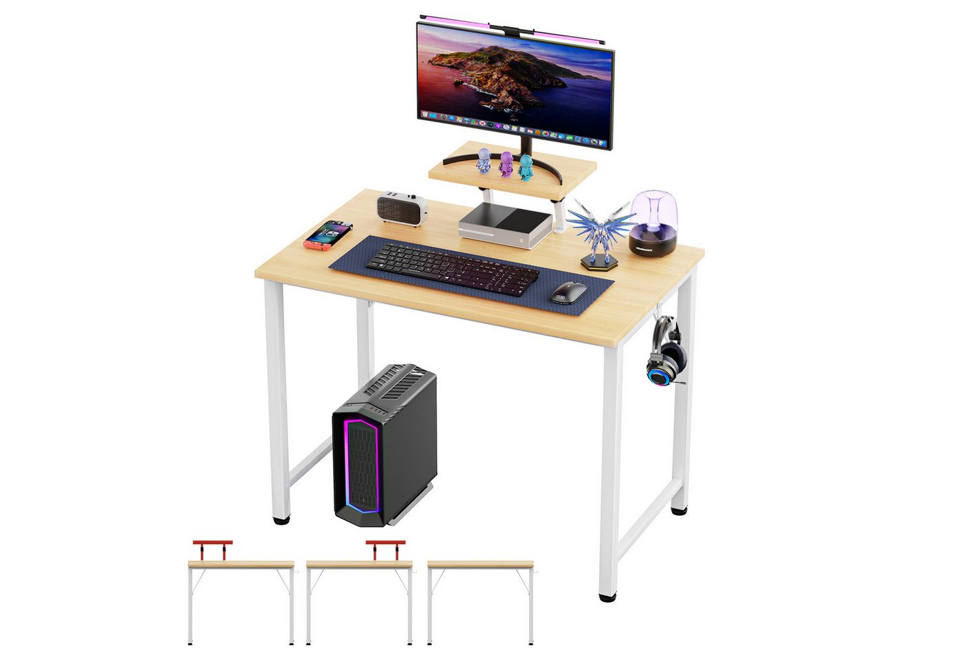 JEOBEST Schreibtisch Tisch, Computertisch, Bürotisch 80 x 40cm, Metallgestell, (1 Tisch) mit Monitorständer und 1 Kopfhörerhaken, Industrie-Design von JEOBEST