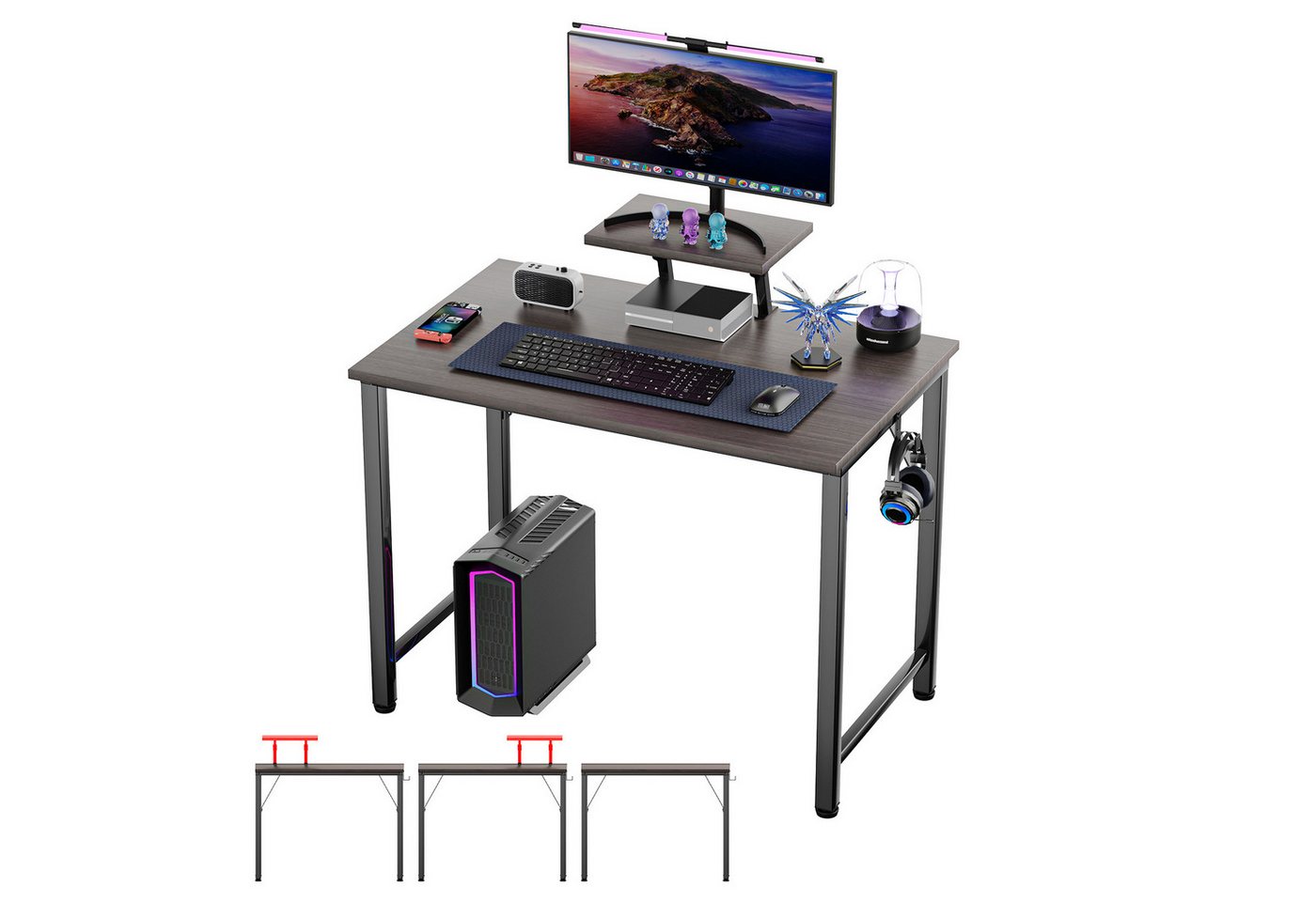 JEOBEST Schreibtisch Tisch, Computertisch, Bürotisch 80 x 40cm, Metallgestell, (1 Tisch) mit Monitorständer und 1 Kopfhörerhaken, Industrie-Design von JEOBEST